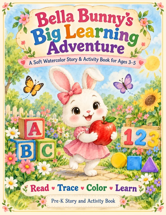 Actual Bella Bunny's Big Learning Adventure cover with bunny, apple and colorful garden